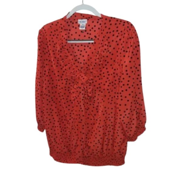 Vicki Wayne Ruffles and Ruche Polka‎ Dots 3/4 Sleeves Orange Top Blouse - Picture 1 of 16